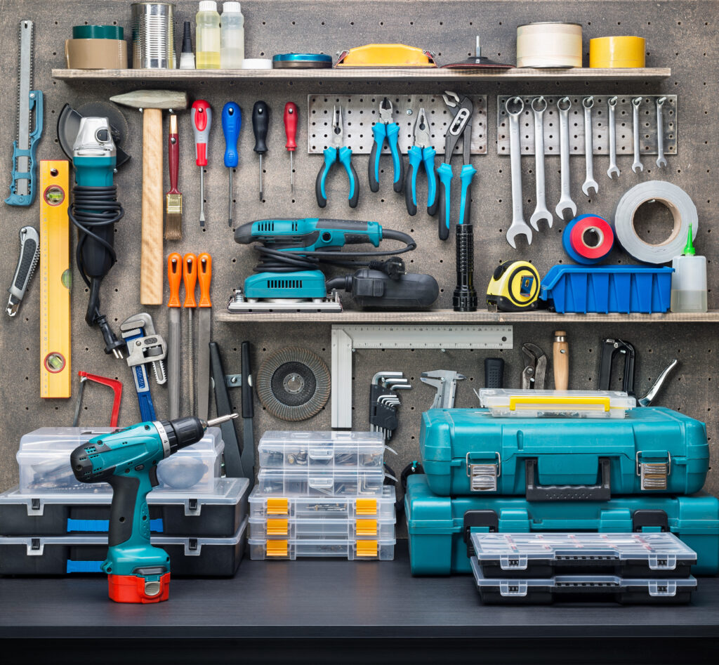 Workshop,Scene.,Tools,On,The,Table,And,Board.